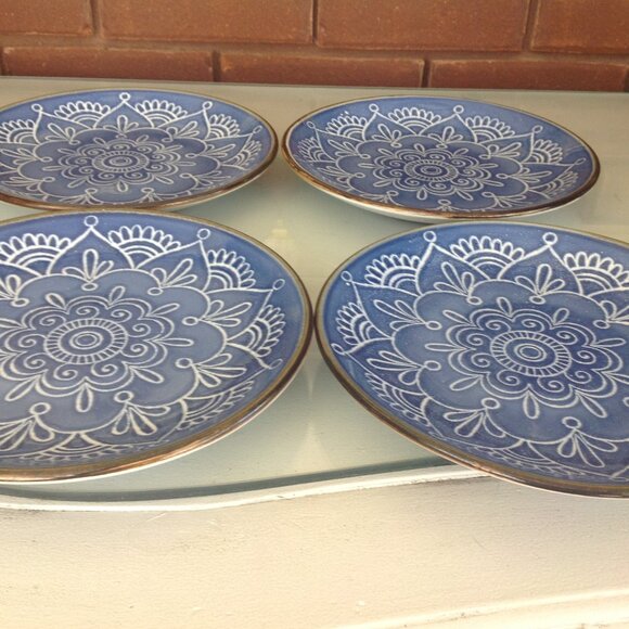 8.5" Salad Plate Blue, White, Flower Medallion, Brown Trim Medallion Collection - Picture 2 of 4